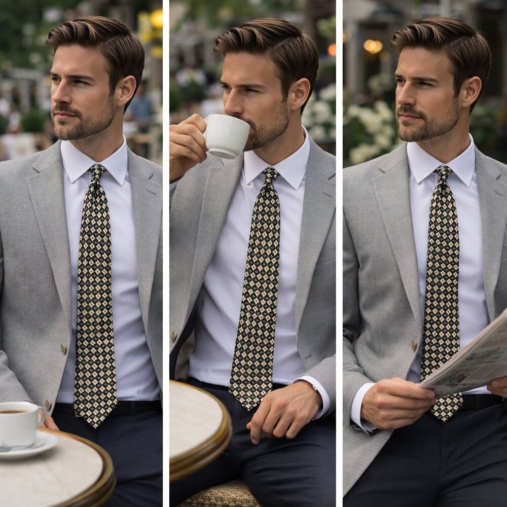 Vintage DiMoggio Pure Silk Handmade Tie  Black & Cream Geometric Designer Tie